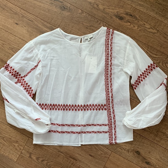 Joie Red w Blue Embroidered Tie-Neck Long Puff Sleeve 
